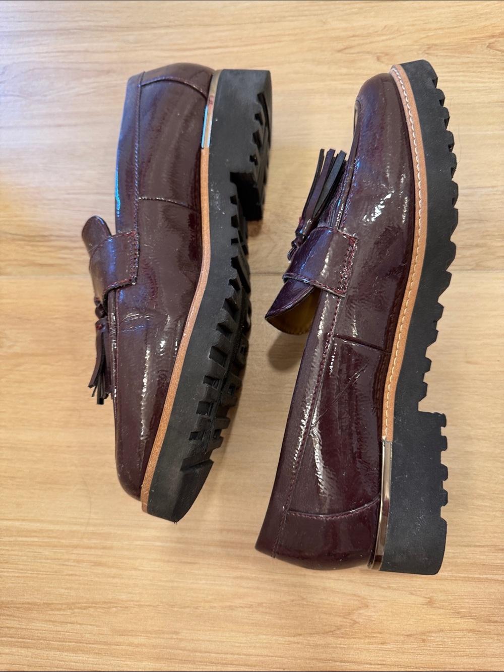 Franco Sarto Womens Patent Tassel chunky heel Loafers in Burgundy - Picture 3 of 7
